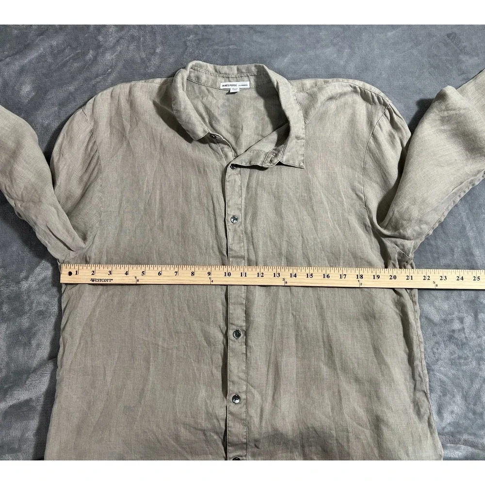 James Perse 100% Linen Button Up Shirt Mens Large 3 Beige Khaki Long Sleeve